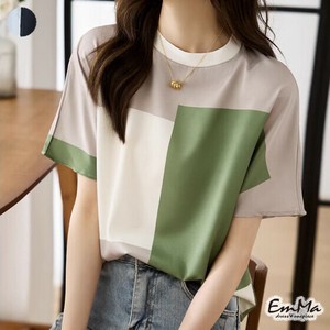 カラーブロック半袖Tシャツ なめらか 上品 カジュアル 夏 【2024新作】 EH2381