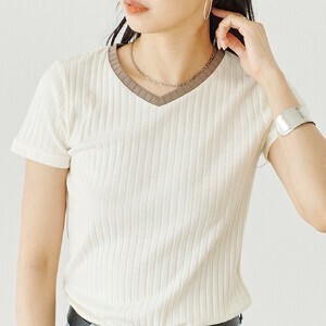 ★配色ワイドリブ　Vネック半袖プルオーバー　SS　オフィス　Tシャ