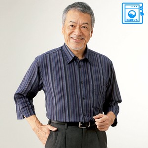メンズ/麻混楊柳ストライプ7分袖シャツ