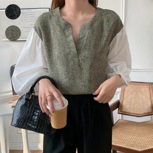 レディース パッチワーク コントラスト ランタン スリーブ フェイク ツーピース シャツ