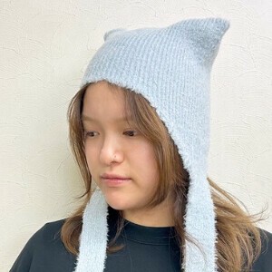 【2025秋冬】猫耳 アクリルタッチ ナイロン糸 紐付き ニット  帽子 無地 レディース