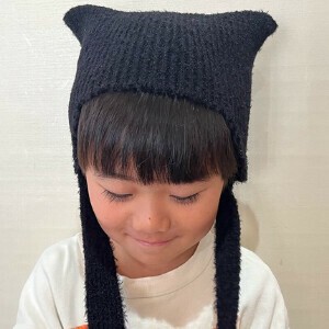 【2025秋冬】猫耳 アクリルタッチ ナイロン糸 紐付き ニット 帽子 キッズ 子供