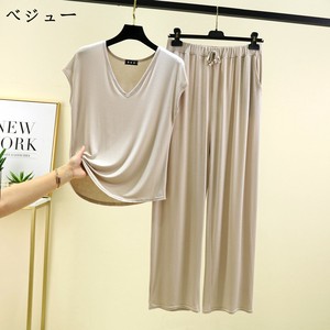 パンツスーツ Tシャツ 半袖  Vネック 薄手 無地 快適 レディース ファッション  xq2406+2407tz#BQQ355