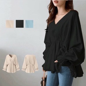女性の新しい和風提灯シフォンスリーブルーズスリム多目的 V ネックトップ