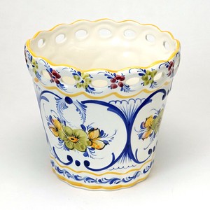 ポルトガル製 陶器 鉢カバー 底穴なし 花柄 アズレージョ イエロー ホワイト 19cm