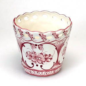 ポルトガル製 陶器 鉢カバー 底穴なし 花柄 アズレージョ ピンク ホワイト 17cm