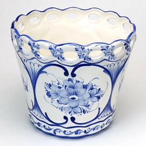 ポルトガル製 陶器 鉢カバー 底穴なし 花柄 アズレージョ ブルー ホワイト 24cm