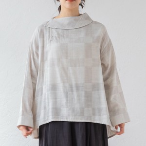 綿ダブルガーゼ　アシメ衿シャドーチェックブラウス