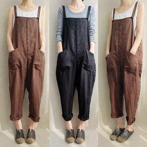 サスペンダーパンツ   レディース ファッション  ゆったり  快適 無地 コットンリネン  YEA1196