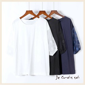 袖シフォン　水玉シースルー切り替え綿カットソー　レディス