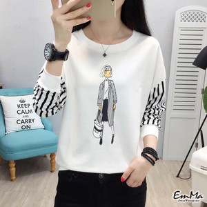 長袖Tシャツ 女性モチーフ 袖ストライプ 春 秋 カジュアル 【2024AW】 EH2445