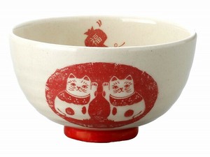 ★幸福を招く★　楽しくお目出度い「縁起の置物」【組招き猫　飯碗・赤】