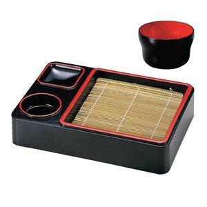 そば 器 ざるそば 萬葉重(底板付)黒天朱 そば猪口付き 樹脂製 30.1×21×6.5cm 日本製 漆器