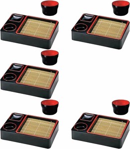 そば 器 ざるそば 5個セット 萬葉重(底板付)黒天朱 そば猪口付き 樹脂製 30.1×21×6.5cm 日本製 漆器