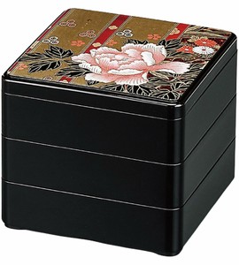 重箱 日本製 3段 5.5寸 段付福徳 黒 ぼたん 16.5cm x 16.5cm x 15.2cm 漆器