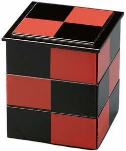 御節重箱 日本製 3段 4寸 角 重黒朱市松内黒 13.0cm x 13.0cm x 14.7cm 漆器