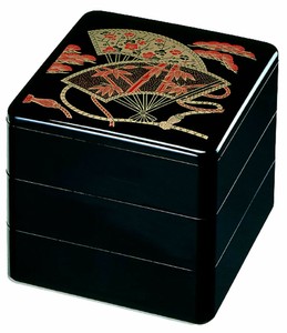 御節重箱 日本製 3段 6.5寸 重黒招福扇面 19.6cm x 19.6cm x 17.5cm 漆器