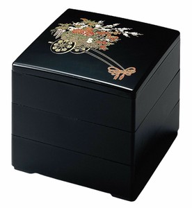 御節重箱 日本製 3段 6.5寸 彩 黒花車 19.5cm x 19.5cm x 16.5cm 漆器