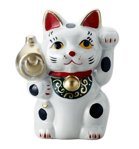 小槌招猫・ブチ　  置物/オブジェ/焼物/縁起物/インテリア/日本製