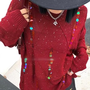 ☆NEW！扇編模様 大粒 小粒 スパンコール ゆったりシルエット ニット
