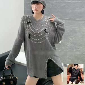 ☆NEW！☆パール ダイヤストーン リボン スリット 畦編 ニット