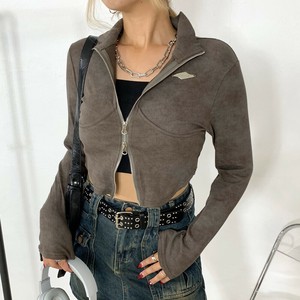 即納【2024新作】ZIPスタンドプレートトップス　ダブルジップ　メタルプレート　伸縮性　ムラ　グラデ