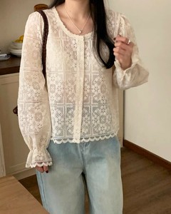 Button Shirt/Blouse Flower Lace Blouse