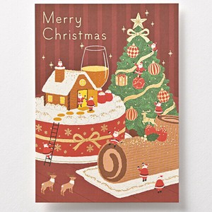 クリスマスイラストポストカード■可愛いサンタたちとクリスマスケーキ&ツリー ■グリッター付き