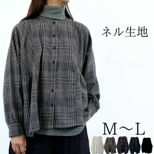 衬衫 切换 长袖 无领 格子图案 衬衫