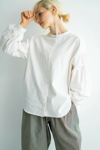 Button Shirt/Blouse Tuck Sleeves Cotton Linen