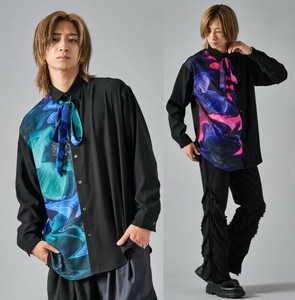 <2024秋冬新作>柄×無地　リボン付き長袖シャツ/メンズ　昇華転写プリント