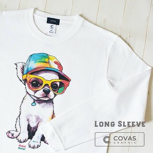 ユニセックス・長袖プリントTシャツ　"レインボーチワワ"　ホワイト　ロンT