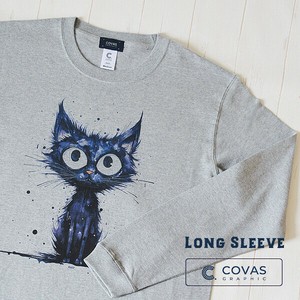 ユニセックス・長袖プリントTシャツ　"黒猫"　杢グレー　ロンT