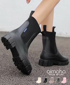 《 aimoha 》レインブーツ レディース 厚底 ショート リブ おしゃれ サイドゴア 履き口リブ編みニット
