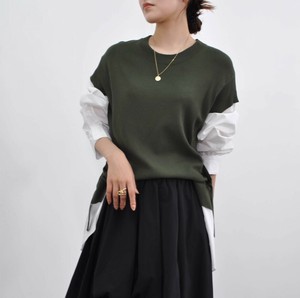 【即納】サイドベルトニット×シャツ(カーキ　ネイビー　ブラック)異素材　配色　おしりすっぽり