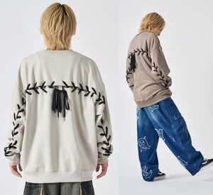 <224秋冬新作>ポリエステルスウェード　レースアップトレーナー/ユニセックス　刺繍　ポケットあり