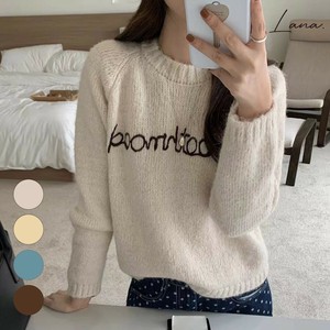 ★フロント英字刺繍 起毛ニットプルオーバー　AW　筆記体　配色　バイカラー　クルーネック　ロゴ2024秋冬