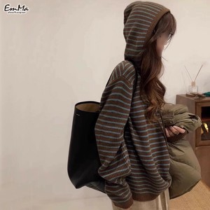 フーディボーダーニットセーター カジュアル ダークブラウン 秋 冬   EH3276【2024AW】