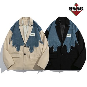 【HOOK】個性派 デニム異素材切り替えデザインテーラードジャケット 異素材 メンズ レディース