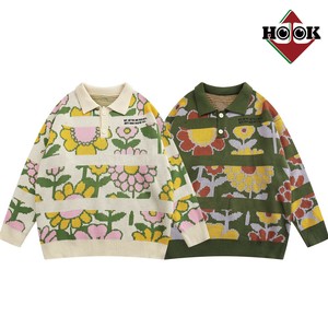 【HOOK】古着風花総柄ポロ襟ニット メンズ セーター レトロ 花柄 ユニセックス