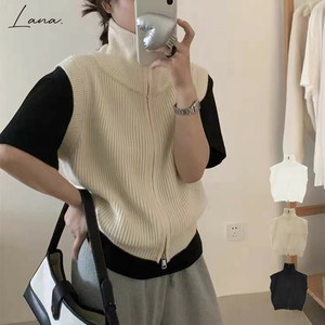 ★フロントファスナー　ハイネックニットベスト　AW　逆開　衿　リブ　ノースリーブ2024秋冬