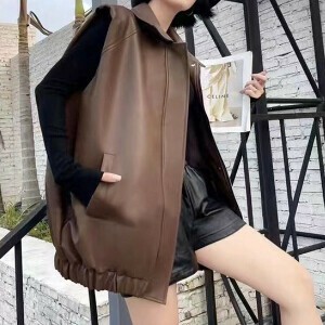 Vest/Gilet Faux Leather Synthetic Leather Front Zipper [2024 A/W]