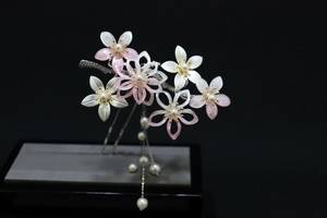 髪飾り 花月かんざし 桔梗尽くし パール下がり シルバー×ピンク