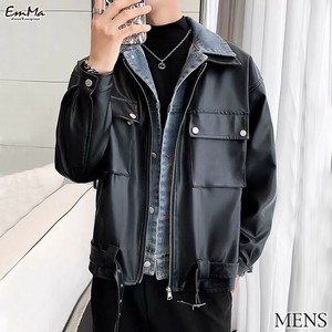 【メンズ】デニムPUジャケット フェイクツーピース ブラック 春 秋 カジュアル  EH4222