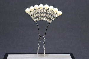 髪飾り バチ型かんざし 金属 1連パール3連ラインストーン シルバー