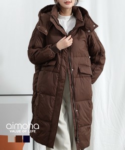 《 aimoha 》ロングダウンコート レディース 冬 フード付き 袖口リブ 防寒 あったか ビッグポケット