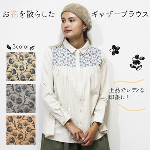 Button Shirt/Blouse Floral Pattern Gathered Blouse Printed Switching