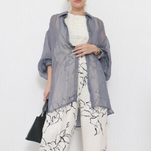 [SD Gathering] Button Shirt/Blouse Ladies fashion Sheer Shirt Lame Puff Sleeve