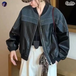 【2024AW】レトロジャケット デニム PU革 オーバーサイズ 襟袖リブ カジュアル 春 秋