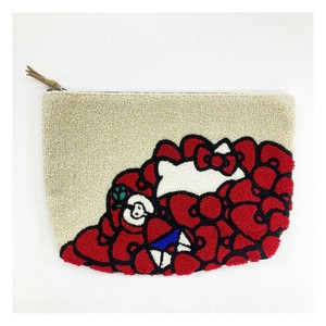 ハローキティ　サガラ刺繍　もこもこパイル地ポーチ/クラッチバッグ　HKP4-6・リボン